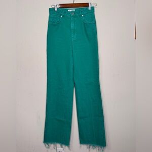 Zara Women's Green Flare Jeans Wide Leg Raw Hem